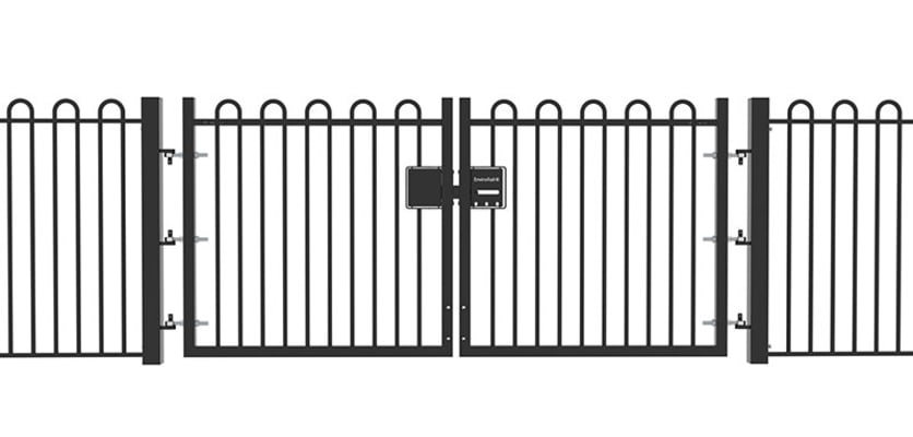 A Black Double Leaf EnviroRail® PlaySec Railing Gate installed in a railing perimeter 