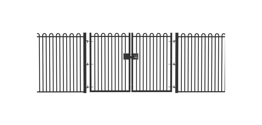 A Black Double Leaf EnviroRail® PlaySec Railing Gate installed in a railing perimeter 