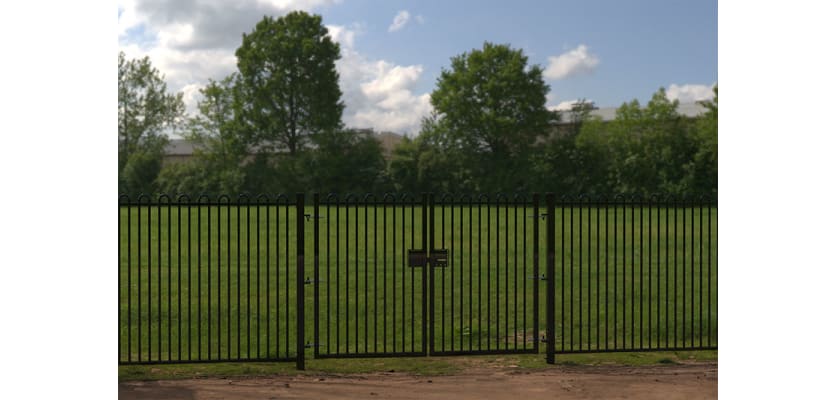 A Black Double Leaf EnviroRail® PlaySec Railing Gate securing a park