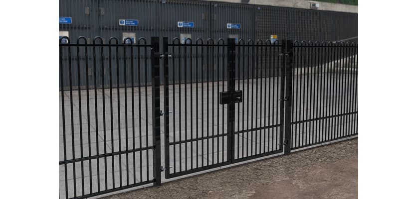 A Black Double Leaf EnviroRail® PlaySec Railing Gate securing a school