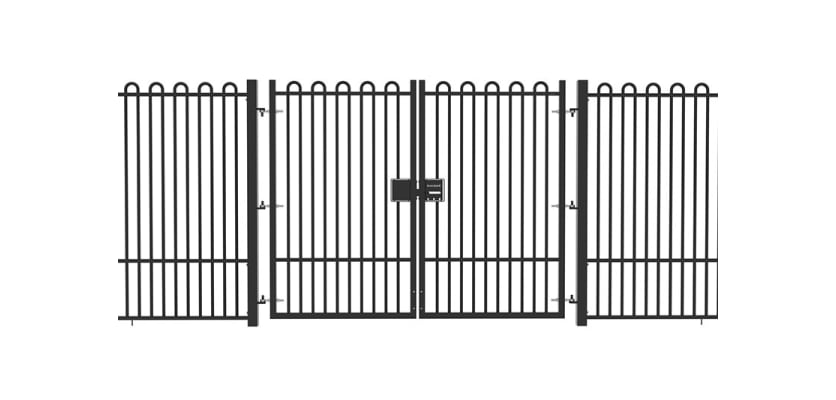 A Black Double Leaf EnviroRail® PlaySec Railing Gate installed in a railing perimeter 