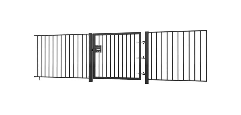 Black EnviroRail® Flat Top Single Leaf Gate installed with railings.