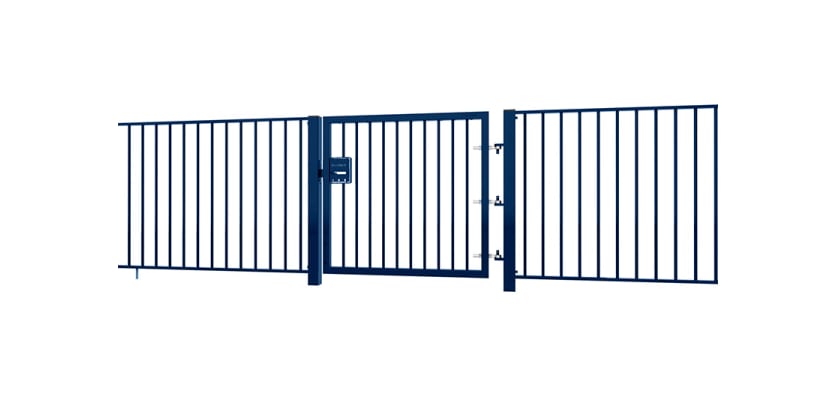 Blue EnviroRail® Flat Top Single Leaf Gate installed with railings
