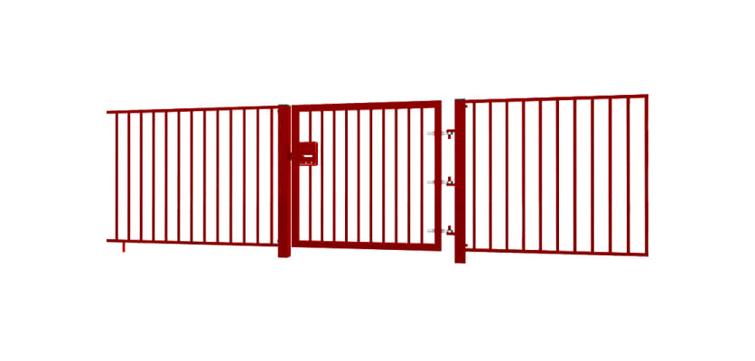 Red EnviroRail® Flat Top Single Leaf Gate installed with railings