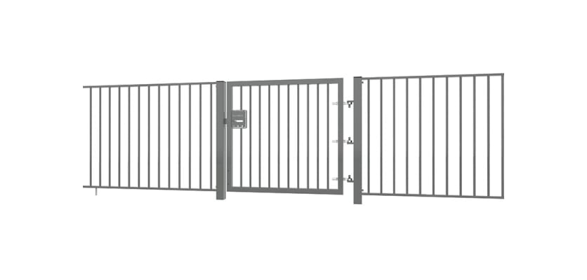 Grey EnviroRail® Flat Top Single Leaf Gate installed with railings