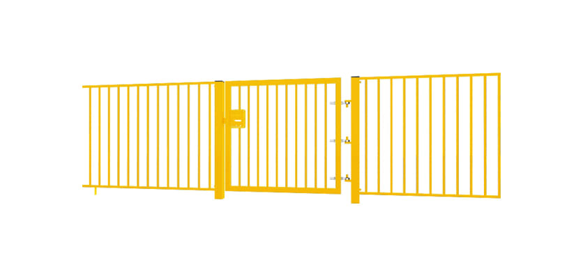 Yellow EnviroRail® Flat Top Single Leaf Gate installed with railings