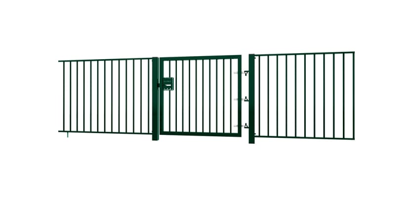 Green EnviroRail® Flat Top Single Leaf Gate installed with railings