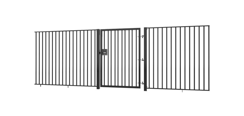 Black EnviroRail® Flat Top Single Leaf Gate installed with railings