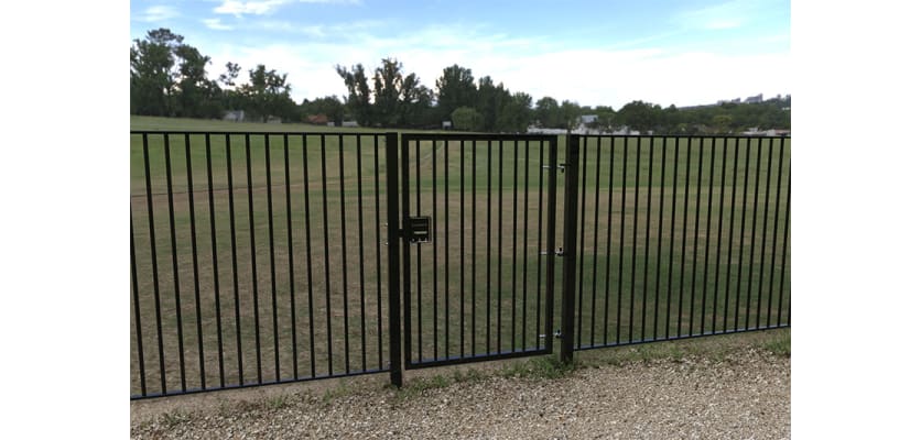 Black EnviroRail® Flat Top Single Leaf Gate Kit installed in park