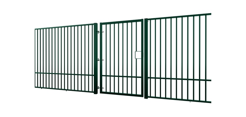 Angled View of the Green EnviroRail® Flat Top Single Leaf Gate installed with railings