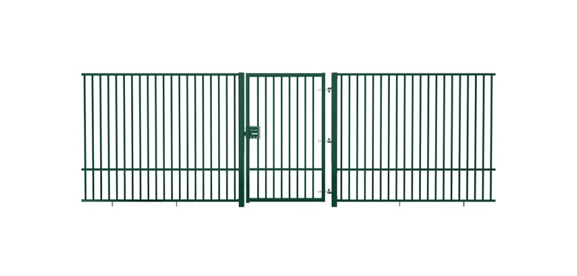 Green EnviroRail® Flat Top Single Leaf Gate installed with railings