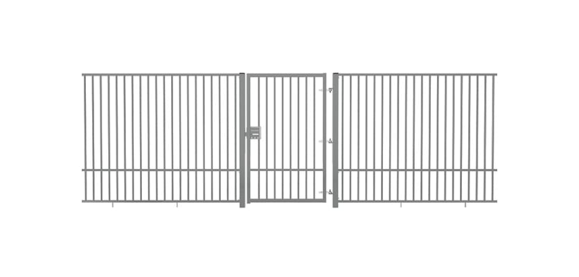 Grey EnviroRail® Flat Top Single Leaf Gate installed with railings