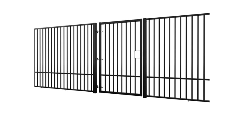 Angled View of the Black EnviroRail® Flat Top Single Leaf Gate installed with railings