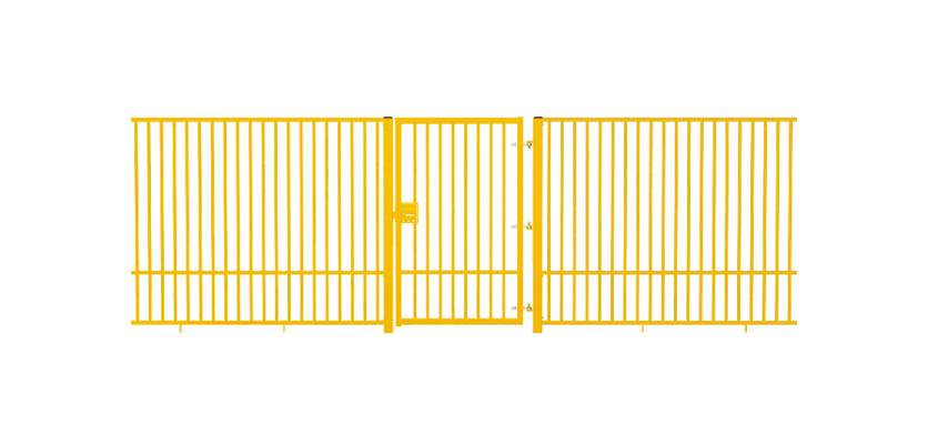 Yellow EnviroRail® Flat Top Single Leaf Gate installed with railings