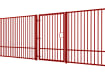 Angled View of the Red EnviroRail® Flat Top Single Leaf Gate installed with railings