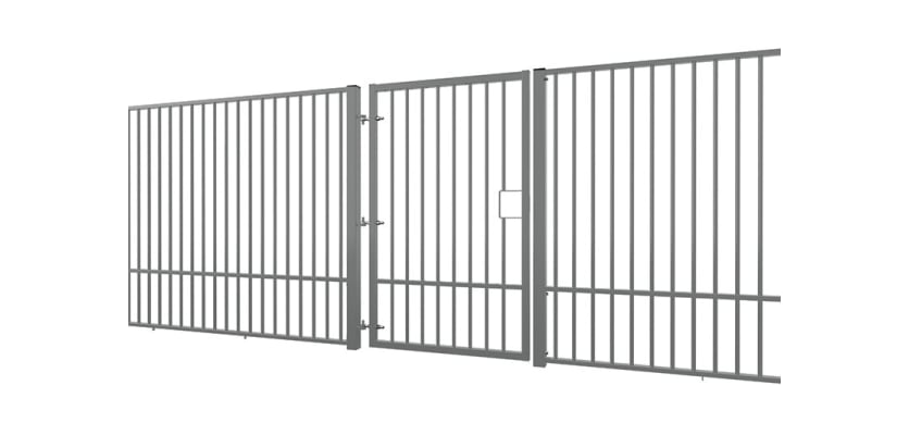 Angled View of the Grey EnviroRail® Flat Top Single Leaf Gate installed with railings
