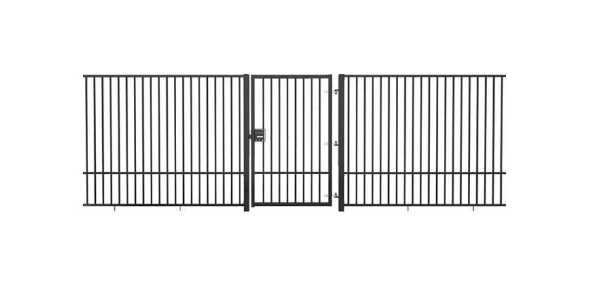 Black EnviroRail® Flat Top Single Leaf Gate installed with railings