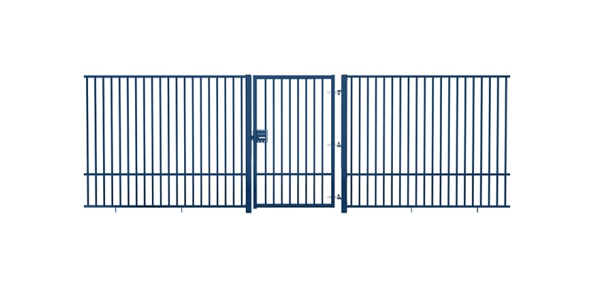 A Blue 2.0m Wide EnviroRail Flat Top Single Leaf Gate in a line of railings