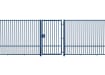 A Blue 2.0m Wide EnviroRail Flat Top Single Leaf Gate in a line of railings