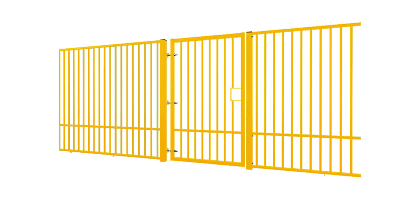 An Angled View of a Yellow 2.0m Wide EnviroRail Flat Top Single Leaf Gate in a line of railings
