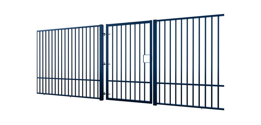 An Angled View of a Blue 2.0m Wide EnviroRail Flat Top Single Leaf Gate in a line of railings