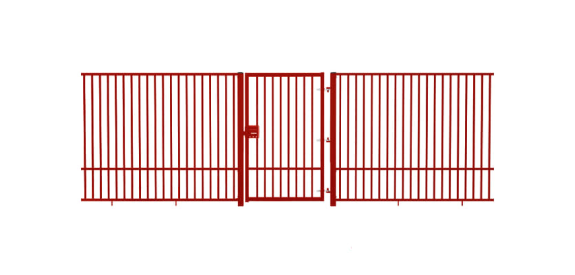 A Red 2.0m Wide EnviroRail Flat Top Single Leaf Gate in a line of railings