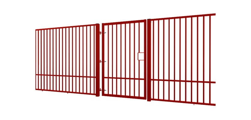 An Angled View of a Red 2.0m Wide EnviroRail Flat Top Single Leaf Gate in a line of railings