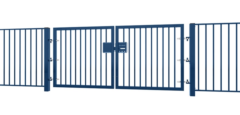 A Blue EnviroRail® Double Leaf Flat Top Gate installed into a fencing line