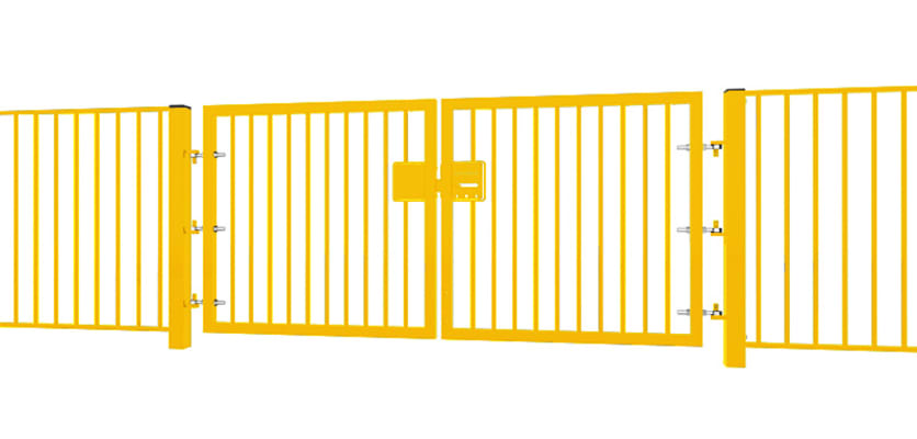 A Yellow EnviroRail® Double Leaf Flat Top Gate installed into a fencing line 