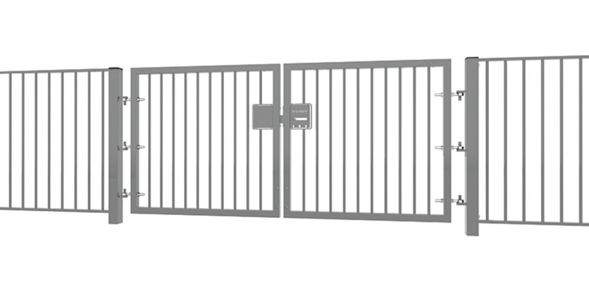A Grey EnviroRail® Double Leaf Flat Top Gate installed into a fencing line 