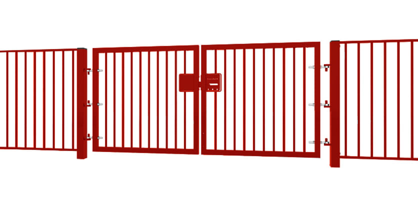 A Red EnviroRail® Double Leaf Flat Top Gate installed into a fencing line 