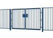 A Blue EnviroRail® Double Leaf Flat Top Gate installed into a fencing line 