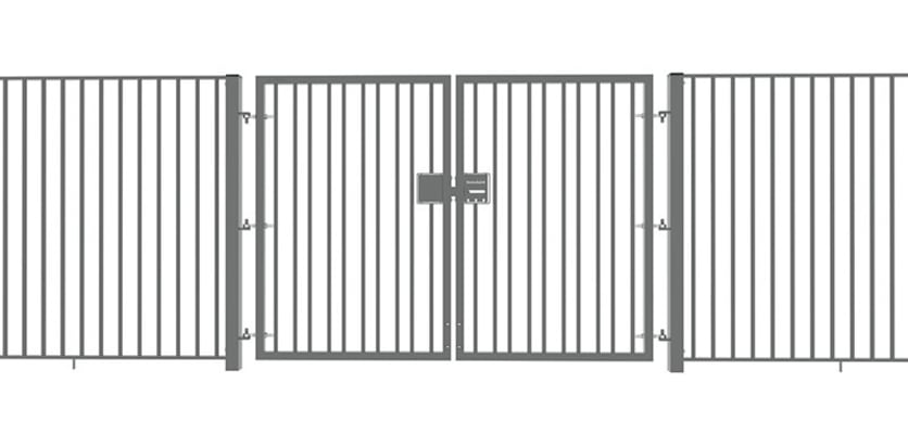 A Grey EnviroRail® Double Leaf Flat Top Gate installed into a fencing line