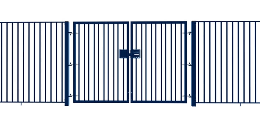A Blue EnviroRail® Double Leaf Flat Top Gate installed into a fencing line