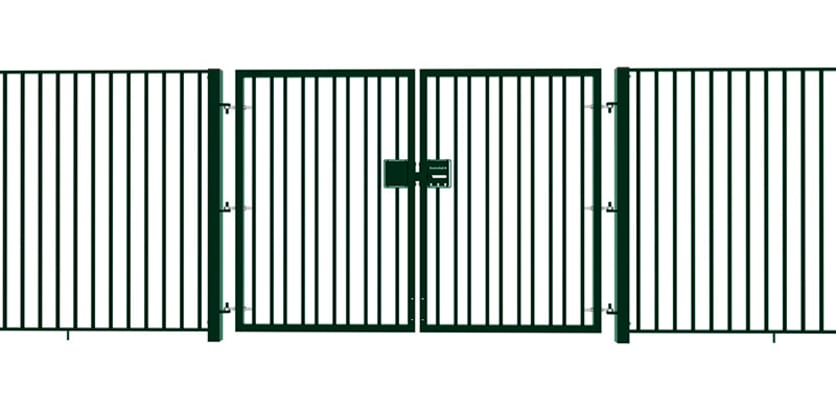 A Green EnviroRail® Double Leaf Flat Top Gate installed into a fencing line
