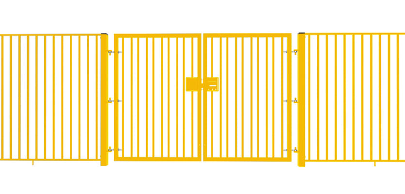 A Yellow EnviroRail® Double Leaf Flat Top Gate installed into a fencing line