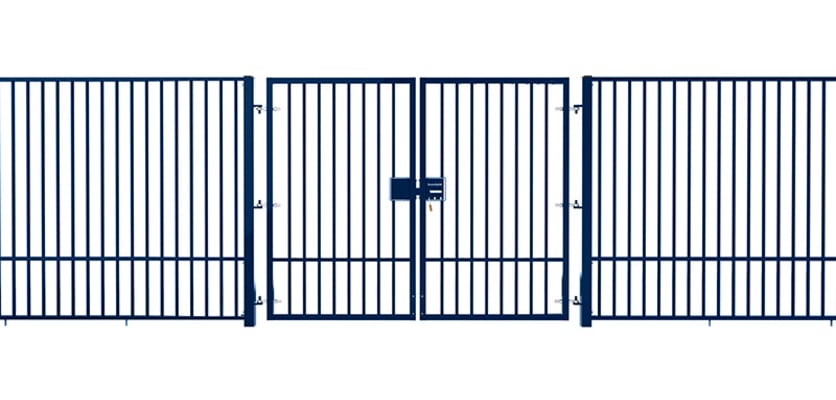 A Blue EnviroRail® Double Leaf Flat Top Gate installed into a fencing line 
