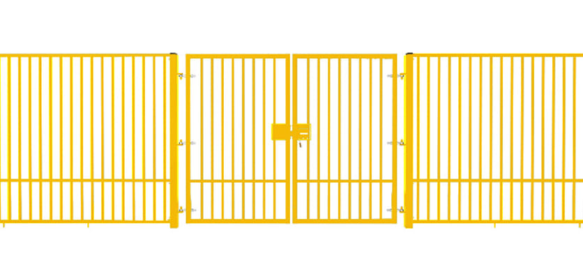 A Yellow EnviroRail® Double Leaf Flat Top Gate installed into a fencing line 