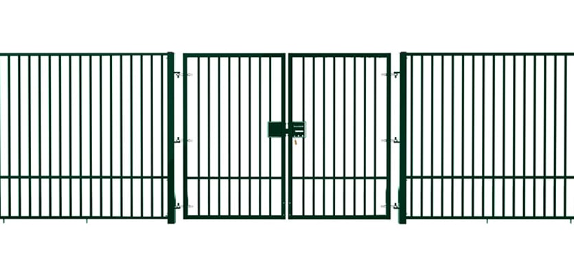 A Green EnviroRail® Double Leaf Flat Top Gate installed into a fencing line 