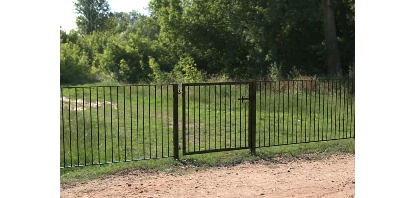 A Black Single Leaf Standard Flat Top Railing Gate securing a Park 