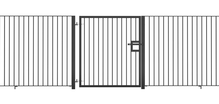 A Black Single Leaf Standard Flat Top Railing Gate installed in a railing perimeter 