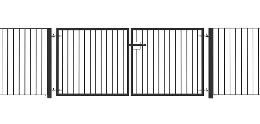 A Black Double Leaf Standard Flat Top Railing Gate installed in a railing perimeter 