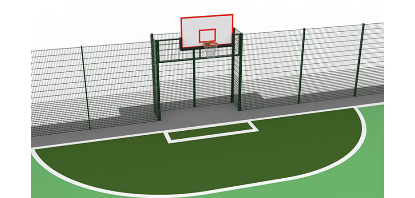 MUGAPlay® Secure 38 Rebound MUGA Kit, showing the basketball hoop and football goal