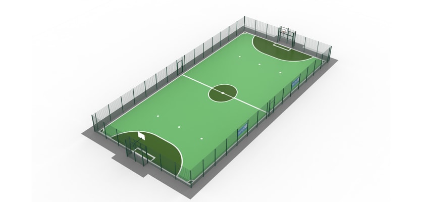 MUGAPlay® Secure 38 Rebound MUGA Kit featuring a sturdy gate, designed for multi-use games, ideal for schools and recreational facilities.