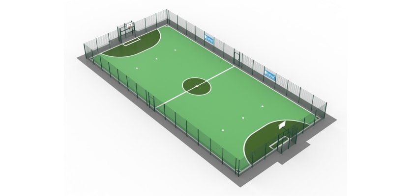 Durable MUGAPlay® Secure 38 Rebound MUGA Kit featuring a secure gate, designed for versatile multi-use games.