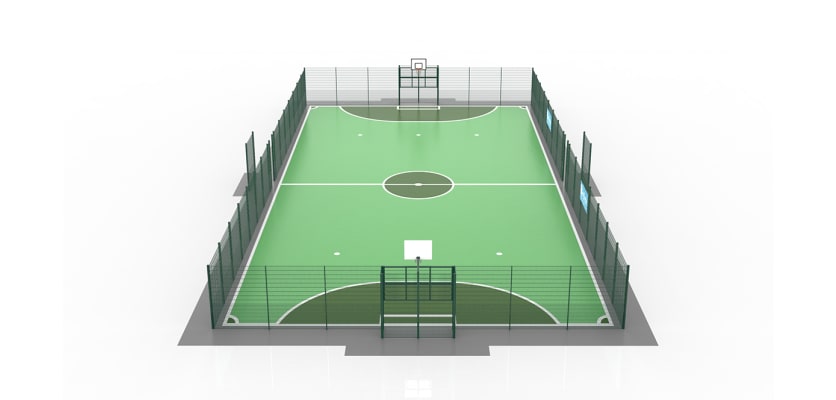 MUGAPlay® Secure 38 Rebound MUGA kit showing rebound fencing and goals