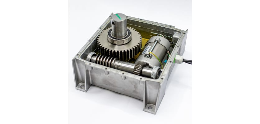 Bottom view of the Underground Swing Gate Operator showing the motor and gears