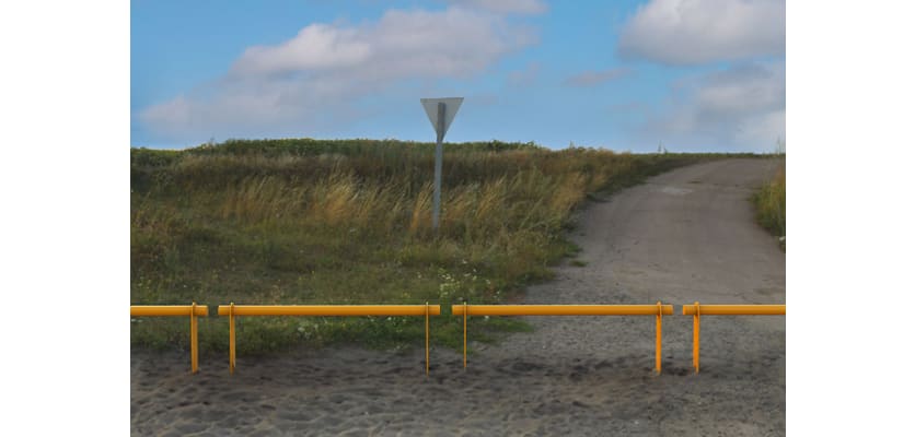 Yellow Steel Knee Railings in front of a grassy area