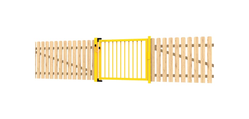 PlaySecure® 1.0m x 1.2m Wide Single Railing Gate Kit installed alongside timber fencing