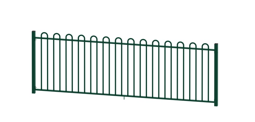 A bay of 1.5m EnviroRail Play Sec Bow Top Railings in Green